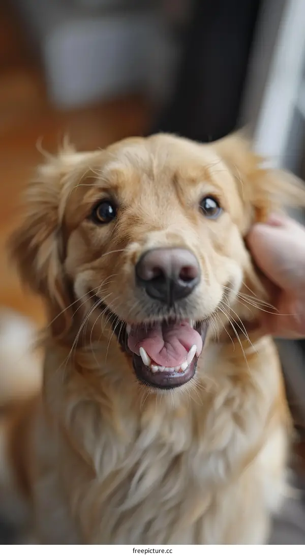 A golden retriever dog is being petted by a human hand