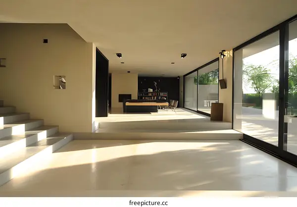 Modern Minimalist Home Interior Design with Large Windows and Concrete Stairs