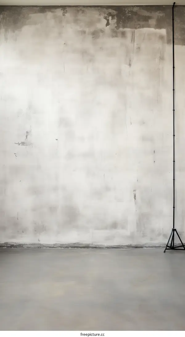large empty room with concrete wall and tripod