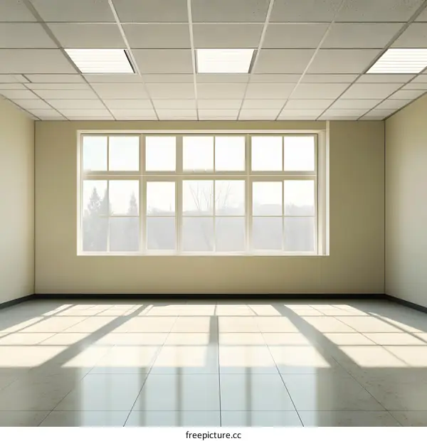 Empty Office Room with Large Window and Tile Floor