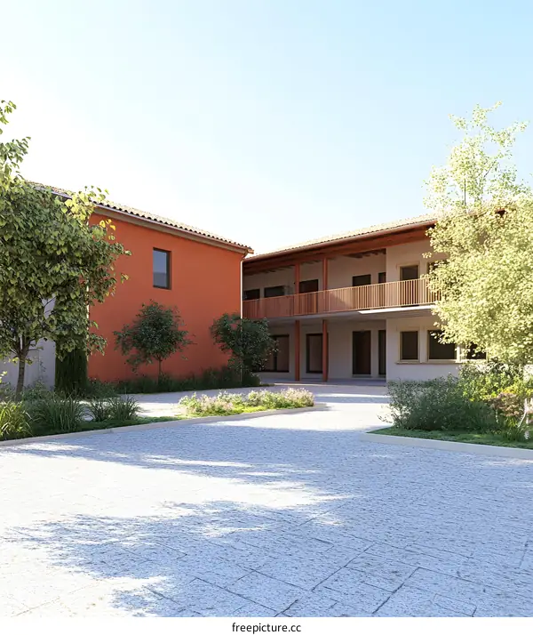 Modern Courtyard with Orange Building and Green Trees