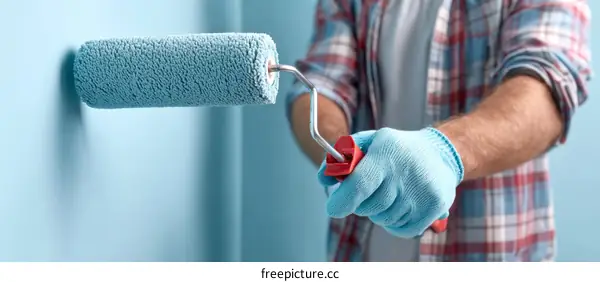 Painting a light blue wall with a roller