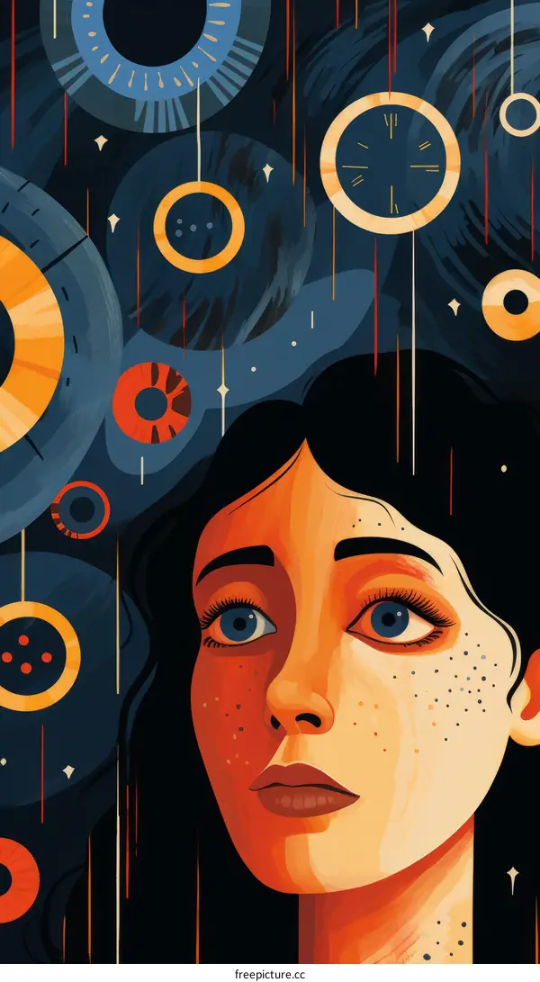 A girl looking up at a starry sky filled with clocks