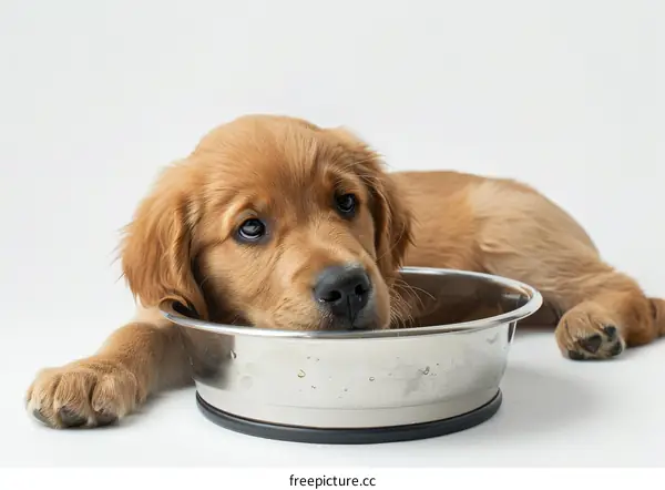 A cute golden retriever puppy dog lying with its head in a silver bowl