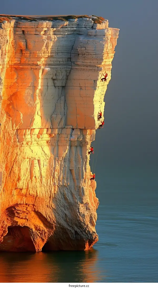Four climbers on a sheer cliff face