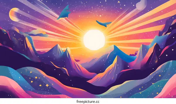 Colorful Mountains with Sunset and Stars Illustration