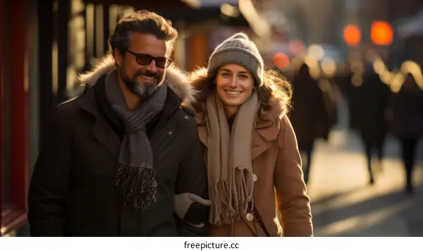 Happy couple walking down the street in the winter