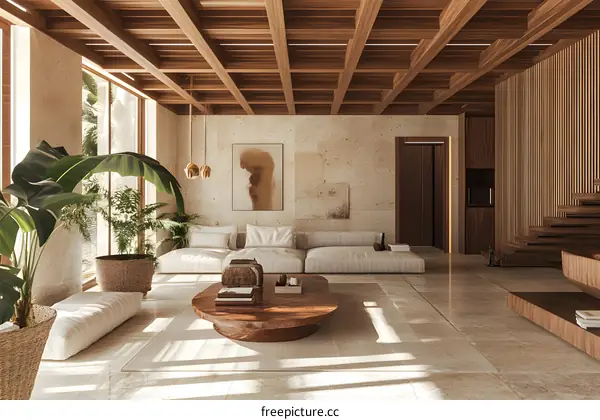 Modern Minimalist Living Room Interior Design with Wooden Beams and Natural Light