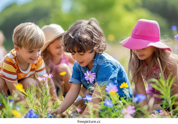Four children are picking flowers in a field
