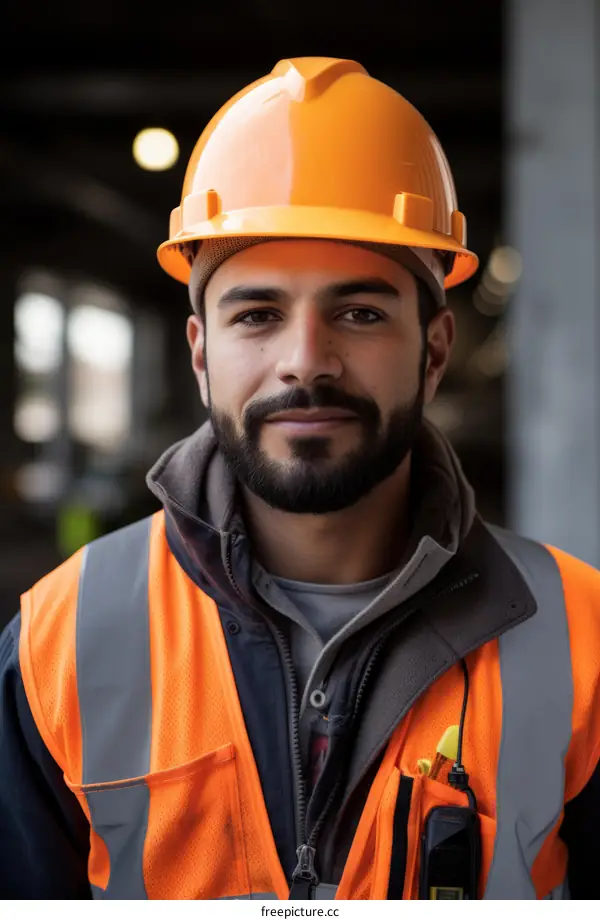 Portrait of a construction worker wearing a hard hat and safety vest