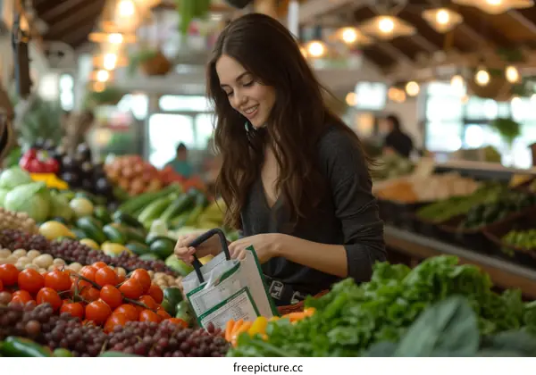 Young woman shopping for fresh vegetables at a farmers market