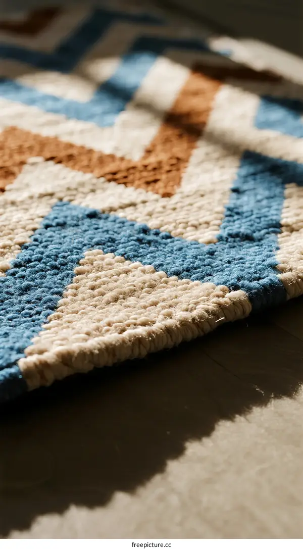 Close-up view of colorful geometric pattern on woven rug