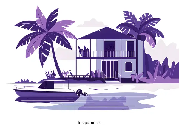 Purple Illustration of a Tropical House with a Boat