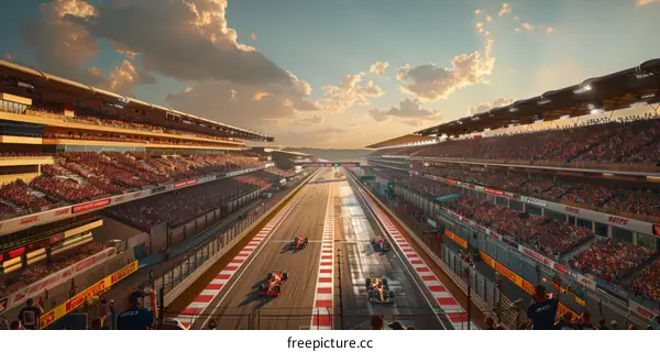 Formula One cars racing on a track with a crowd of spectators in the stands