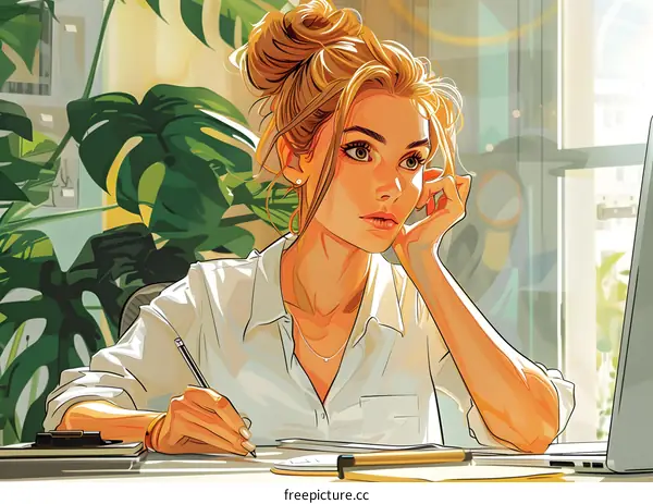 A woman is sitting at a desk, writing in a notebook. She is wearing a white shirt and has her hair in a bun.