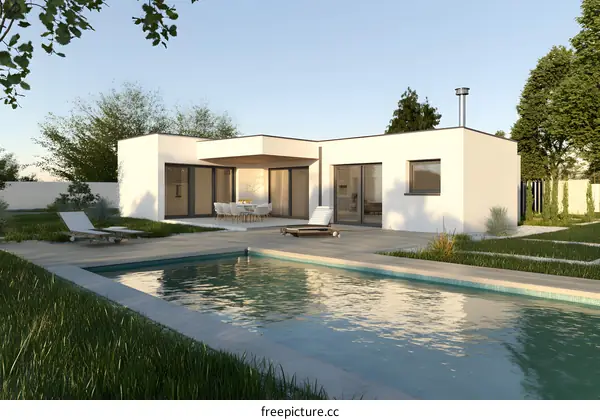 Modern White House with Swimming Pool in the Backyard