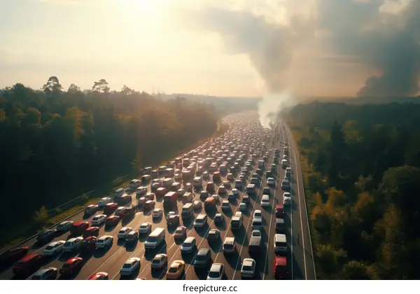 Long line of cars stuck in traffic jam on busy highway with trees on both sides and smoke in the distance