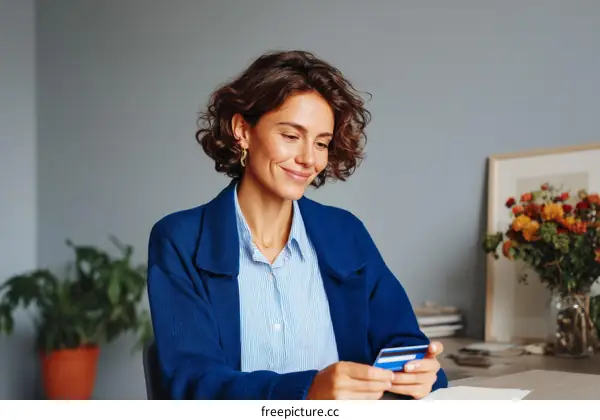 Woman Holding Credit Card in Modern Office