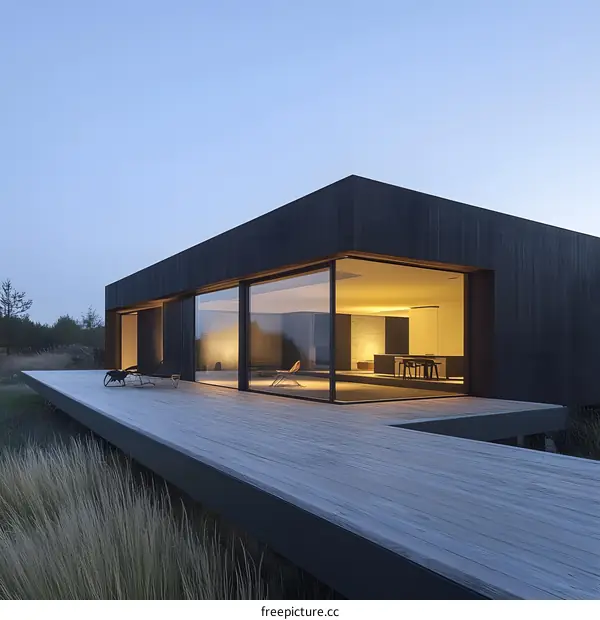 Modern Black House with Large Windows and Wooden Deck