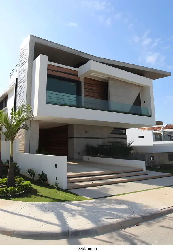 Modern Architecture House Exterior with White Walls and Green Lawn
