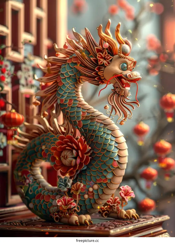 Traditional Chinese Golden Dragon Statue With Red Lanterns
