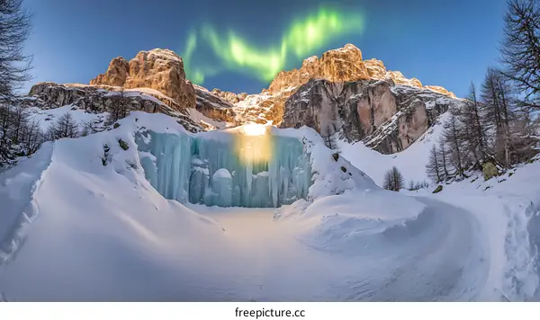 Frozen Waterfall In Mountains Under Aurora Borealis