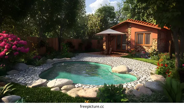 Backyard Pool with Stone Patio and Cottage