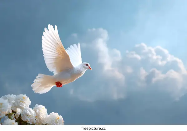 White Dove in Flight against a Sky of Clouds