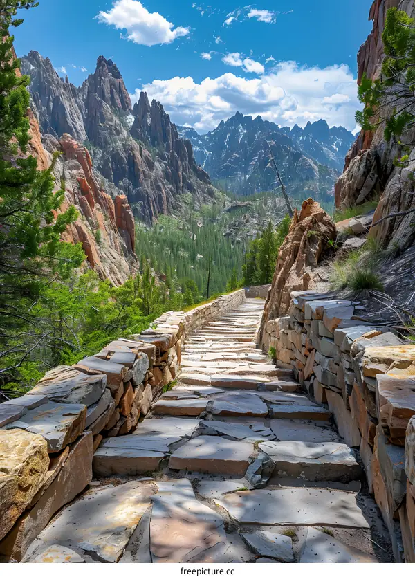 A stone path winds through a narrow canyon