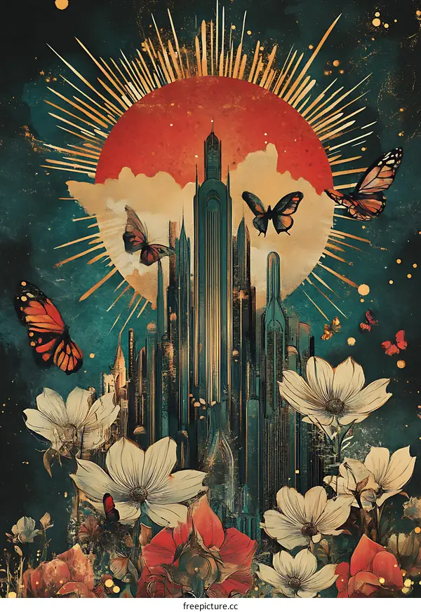 Fantasy Cityscape with Butterflies and Sun