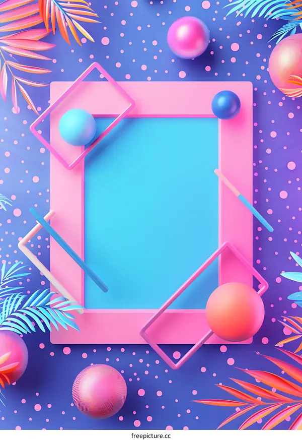 Abstract Geometric Shapes Background With Pink Frame And Colorful Balls