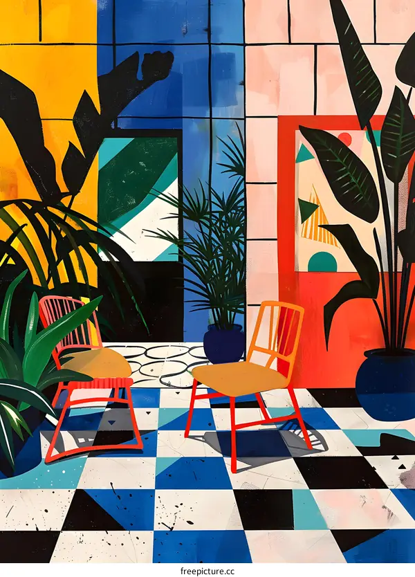Abstract Geometric Illustration of Interior Design with Chairs and Plants