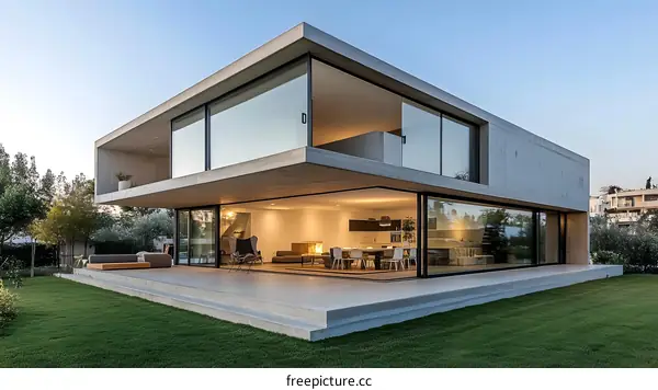 Modern Concrete House with Large Windows and Outdoor Patio