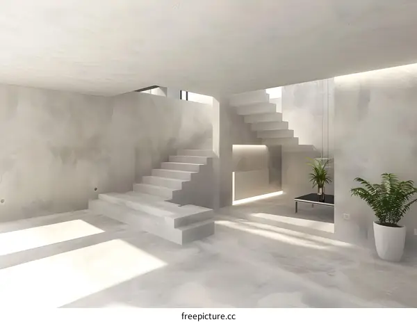 Minimalist Interior Design with Concrete Stairs and Plant