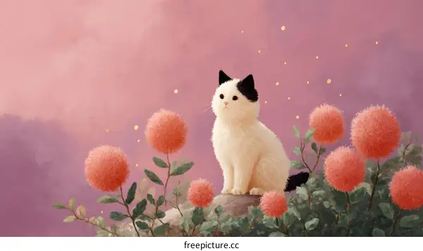 Cute Cat in a Blooming Flower Garden