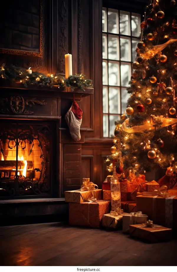 A cozy living room with a fireplace, Christmas tree, and presents