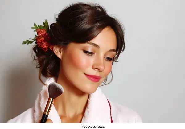 Woman Applying Makeup with Flower Hairpiece