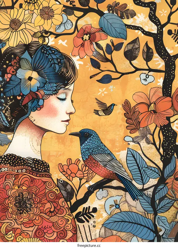 Woman with Flowers and Birds Illustration