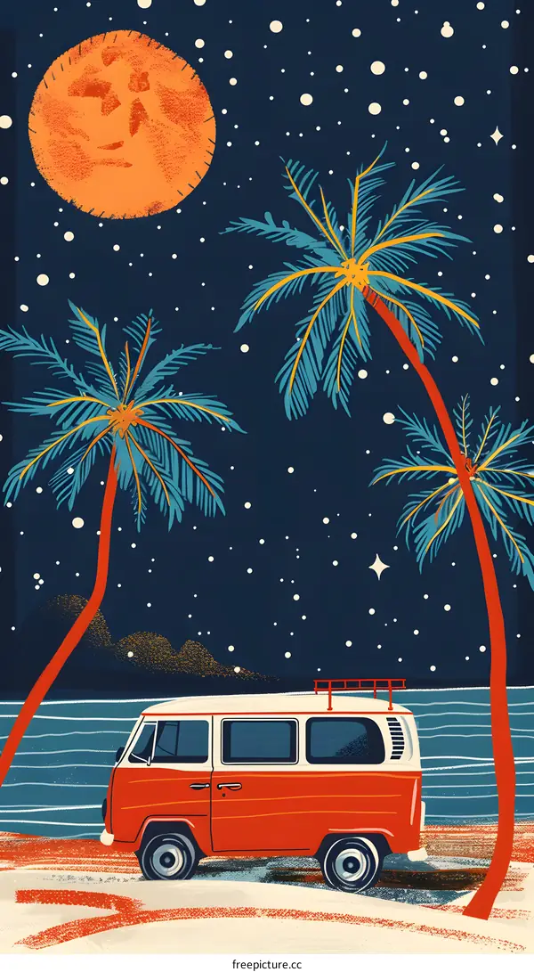 Vintage Van Under Palm Trees and Moon