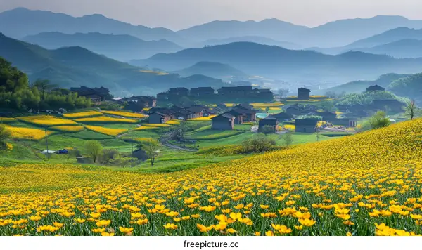 Rural Village Landscape with Blooming Flowers and Mountains
