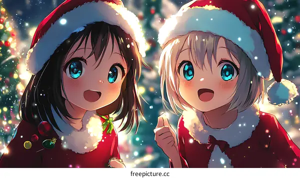 Two Adorable Christmas Girls in Santa Hats