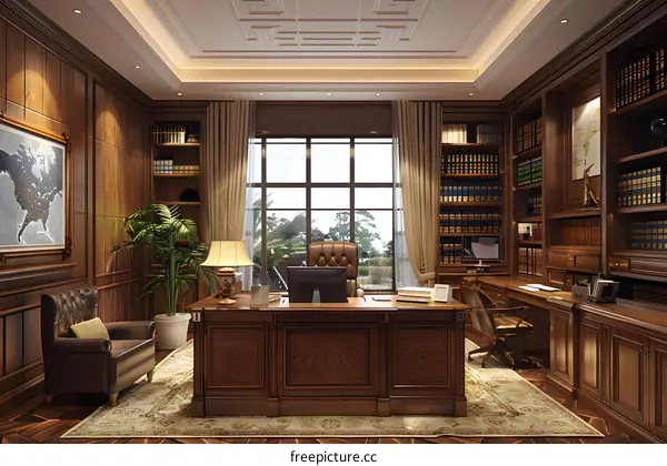 Luxury home office library with wood bookshelves and leather furniture