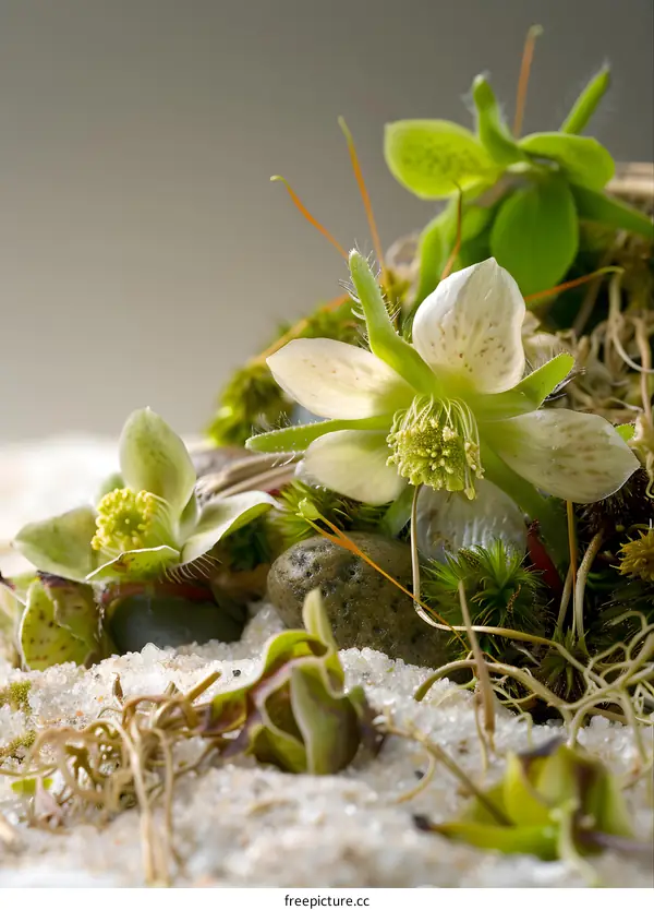 Close Up of White Flower with Green Leaves and Moss on a White Surface