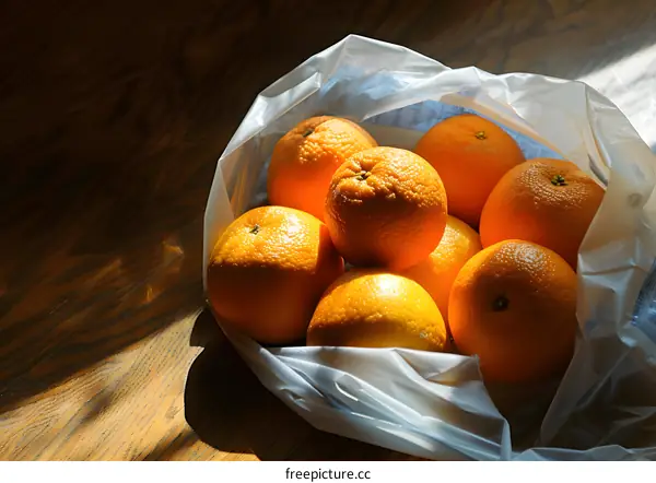 Fresh Oranges in a Plastic Bag on Wooden Table