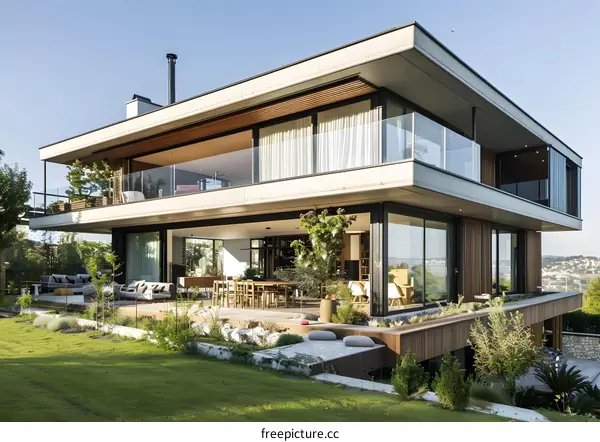 Modern Two Story Home with Large Windows and Patio