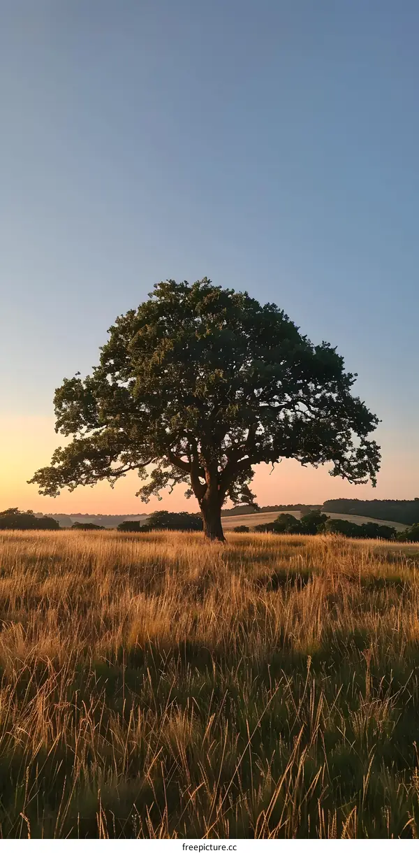Lonely Tree in Field at Sunset