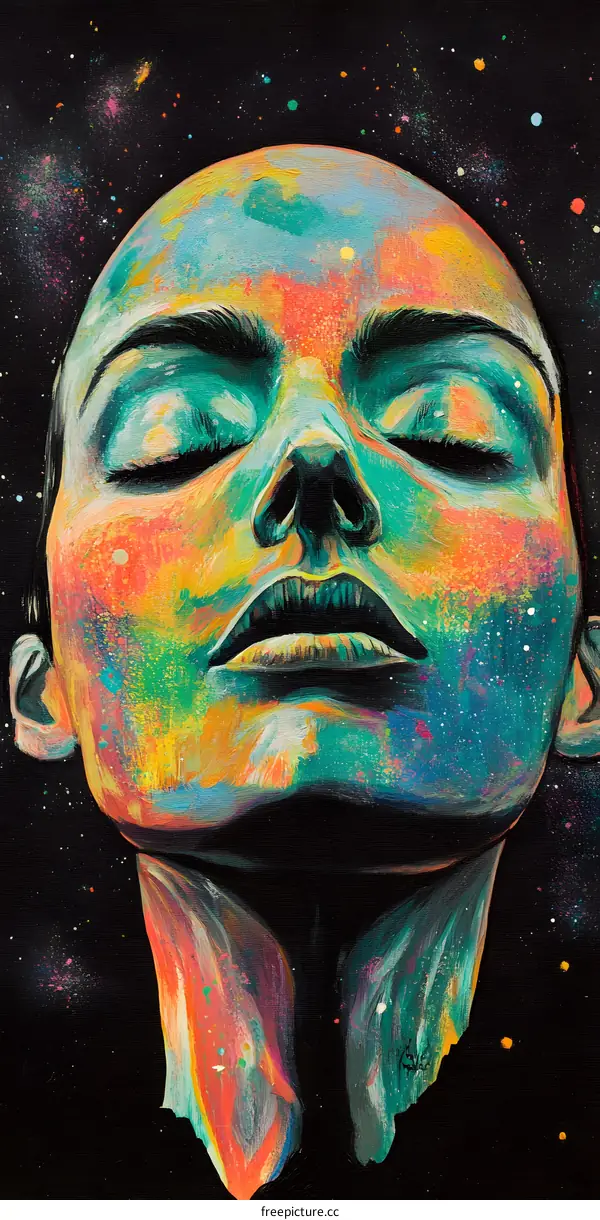 Abstract Colorful Portrait of Woman Against a Black Universe Background
