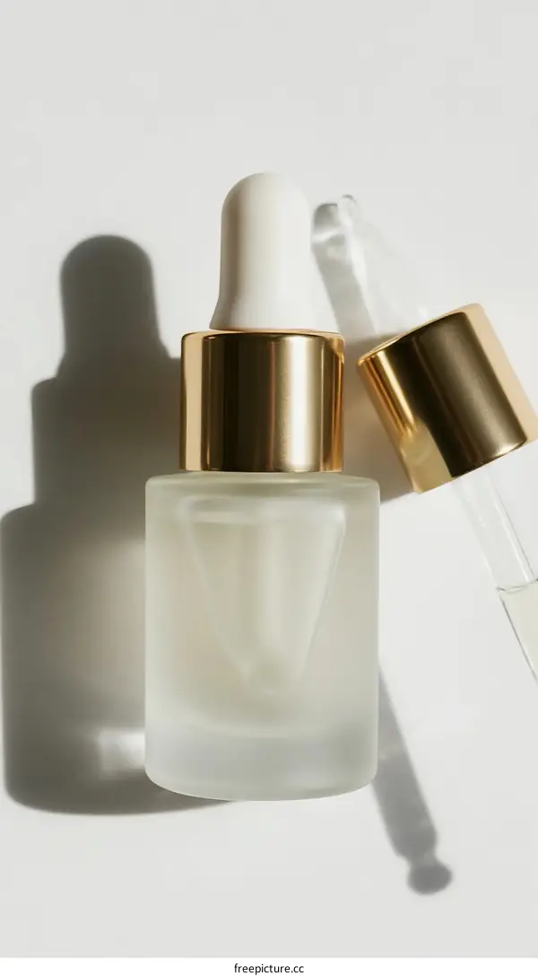 Close-up of clear glass dropper bottle with golden cap