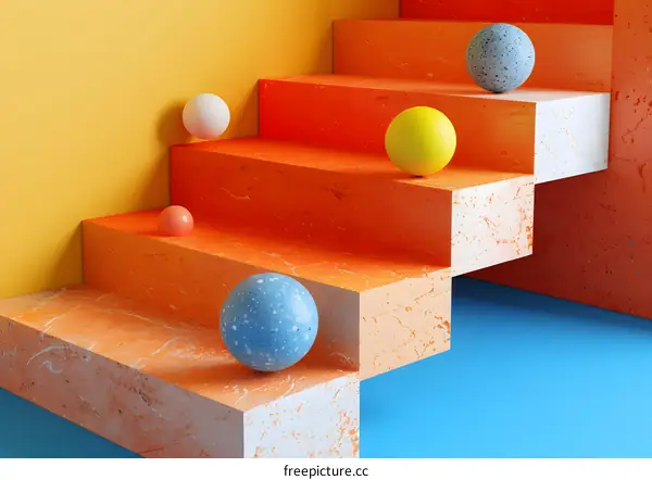 Colorful balls on orange stairs