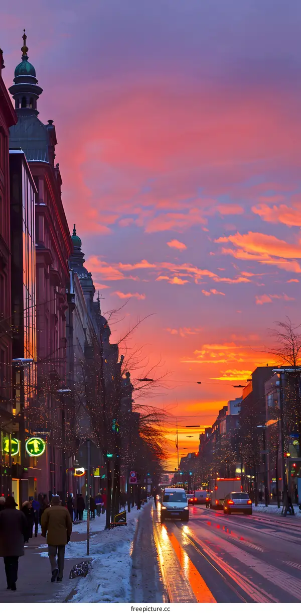 Sunset View of a City Street with Snow on the Ground
